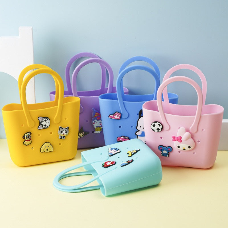 2026 New Cute Fashion Customs Logo Small Silicone Rubber Beach Waterproof Durable Handle Tote Handbag Bag for Little Girls Kids